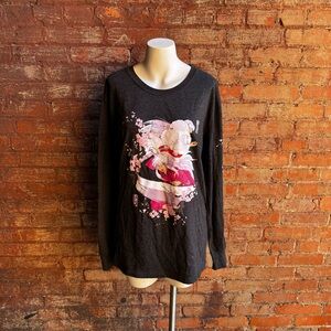 Inuyasha long sleeve grey crewneck shirt with pink flower sleeve detail